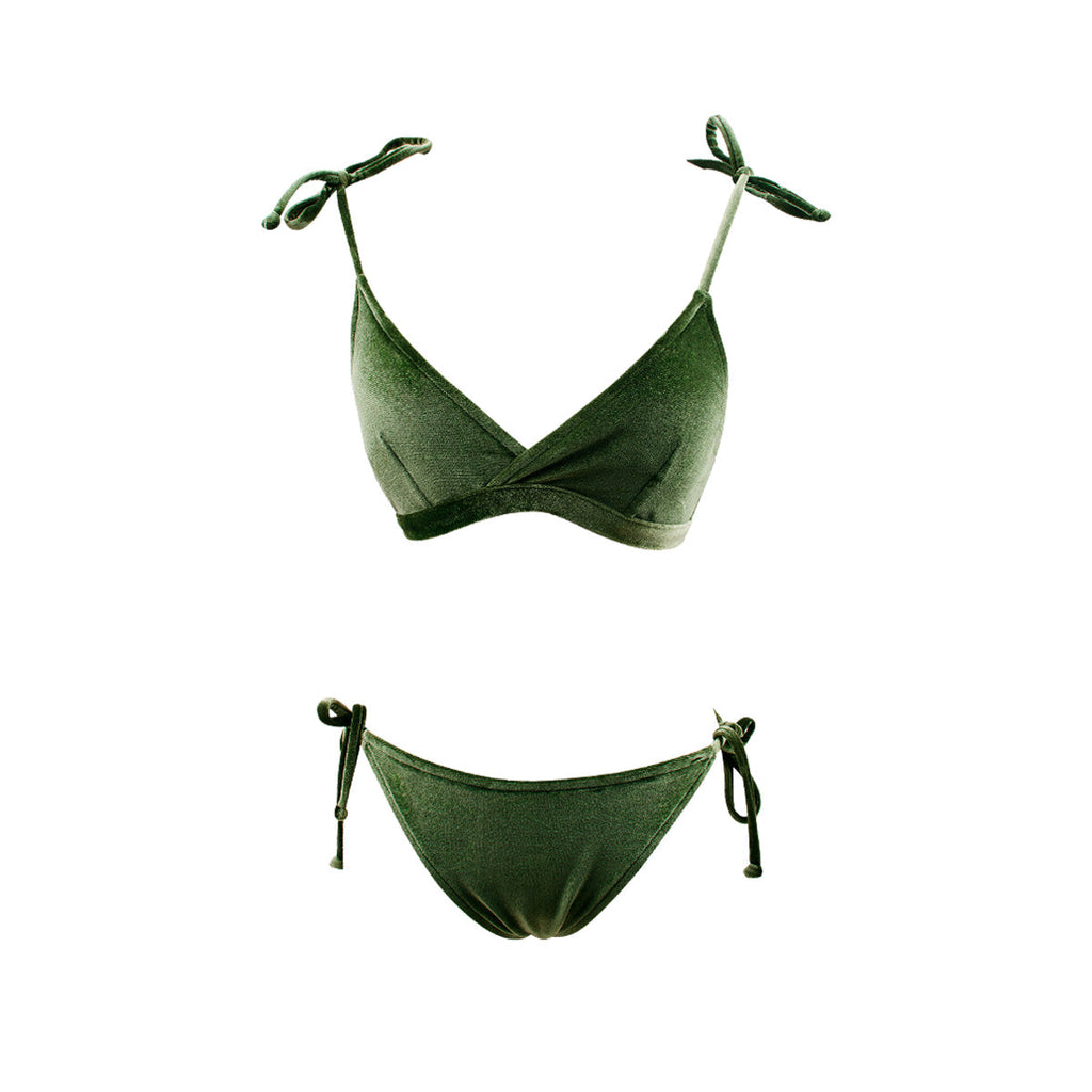 Bow Tie Shoulder Straps Green Bikini Set