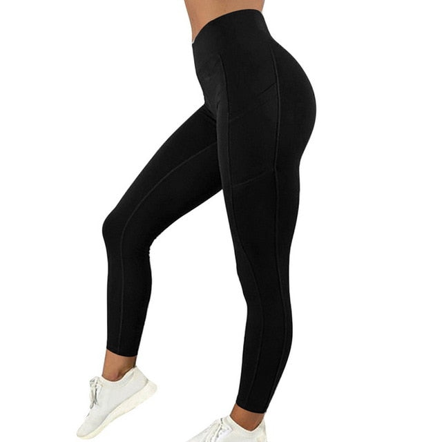 Solid Running Pants High Waist Fitness Yoga Pants With Pocket Tights Women Yoga Sport Trousers Training Workout leggings-8