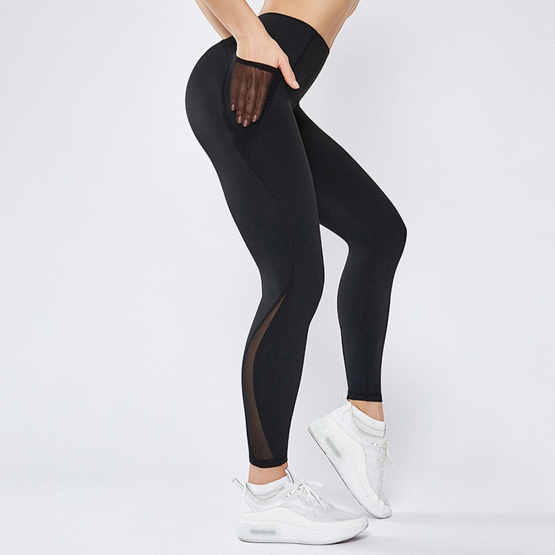 Workout Gym Tights High Waist Sports Pants Women Anti-sweat Soft Fitness Yoga Leggings Pants Running Tights with Side Pocket