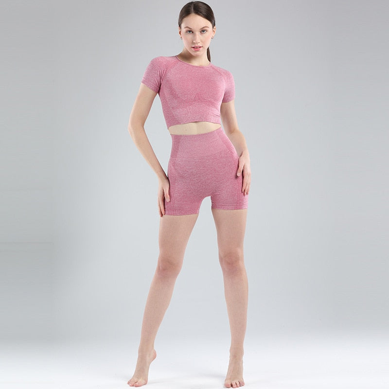 Women Short Sleeve Shirt Yoga Set 2PCS Vital Seamless Sport Suit Gym Clothes Fitness Crop Top Shirt High Waist Shorts Tights-0