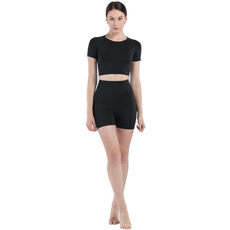 Women Short Sleeve Shirt Yoga Set 2PCS Vital Seamless Sport Suit Gym Clothes Fitness Crop Top Shirt High Waist Shorts Tights-11