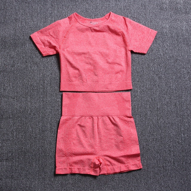 Women Short Sleeve Shirt Yoga Set 2PCS Vital Seamless Sport Suit Gym Clothes Fitness Crop Top Shirt High Waist Shorts Tights-9