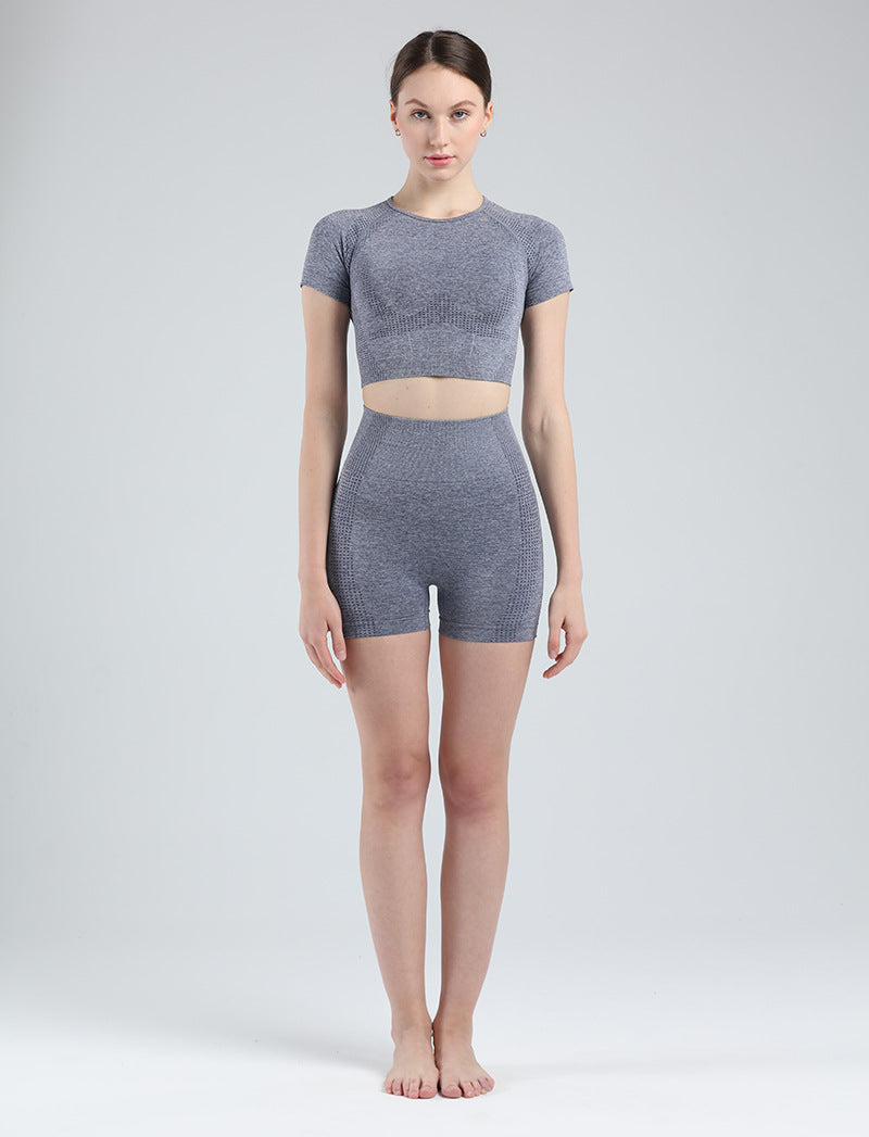 Women Short Sleeve Shirt Yoga Set 2PCS Vital Seamless Sport Suit Gym Clothes Fitness Crop Top Shirt High Waist Shorts Tights-14