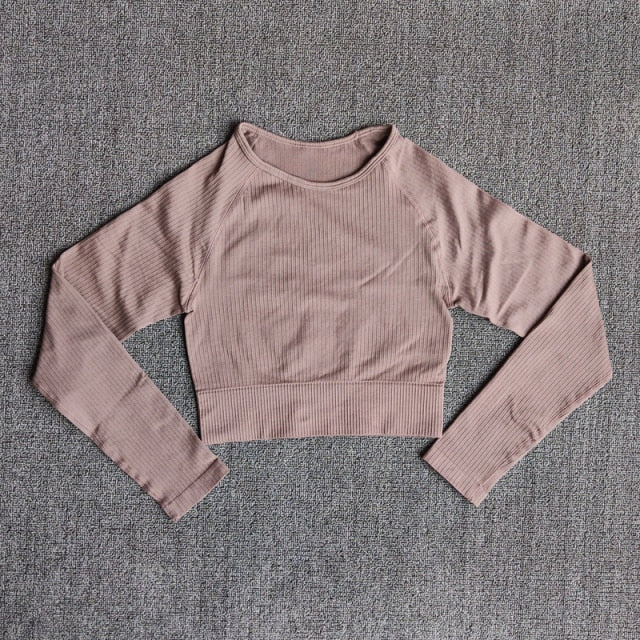 Women&#39;s Sportswear Yoga Sets Ribbed Seamless Long Sleeve Workout Clothes for Women High Waist Sports Legging Long Sleeve Top
