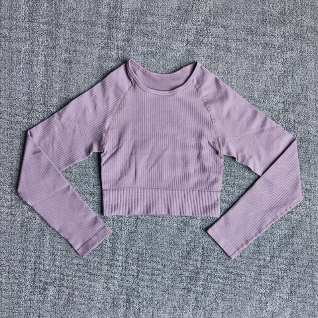 Women&#39;s Sportswear Yoga Sets Ribbed Seamless Long Sleeve Workout Clothes for Women High Waist Sports Legging Long Sleeve Top