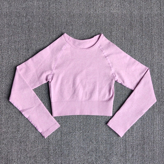 Women&#39;s Sportswear Yoga Sets Ribbed Seamless Long Sleeve Workout Clothes for Women High Waist Sports Legging Long Sleeve Top