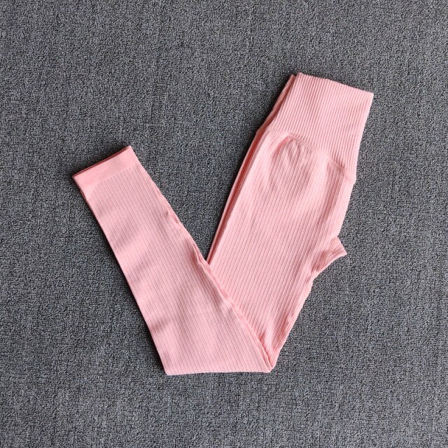 Women&#39;s Sportswear Yoga Sets Ribbed Seamless Long Sleeve Workout Clothes for Women High Waist Sports Legging Long Sleeve Top