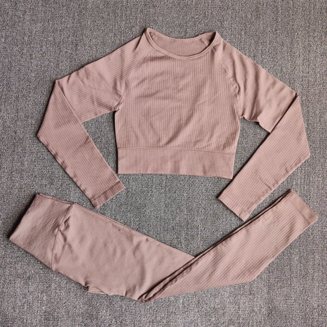 Women&#39;s Sportswear Yoga Sets Ribbed Seamless Long Sleeve Workout Clothes for Women High Waist Sports Legging Long Sleeve Top