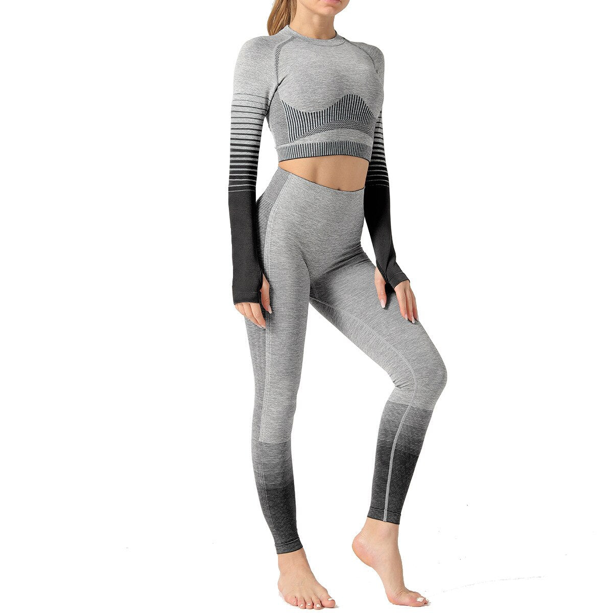 Seamless Women Yoga Set Long Sleeve Top Shirts High Waist Belly Control Sport Leggings Tights Gym Clothes Seamless Sport Suit-0