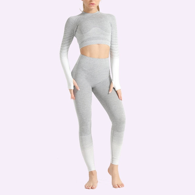Seamless Women Yoga Set Long Sleeve Top Shirts High Waist Belly Control Sport Leggings Tights Gym Clothes Seamless Sport Suit-12