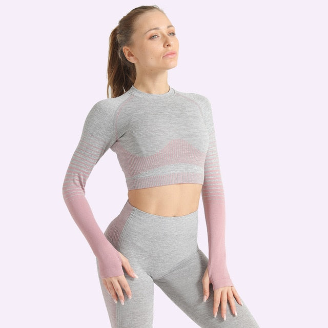 Seamless Women Yoga Set Long Sleeve Top Shirts High Waist Belly Control Sport Leggings Tights Gym Clothes Seamless Sport Suit-8