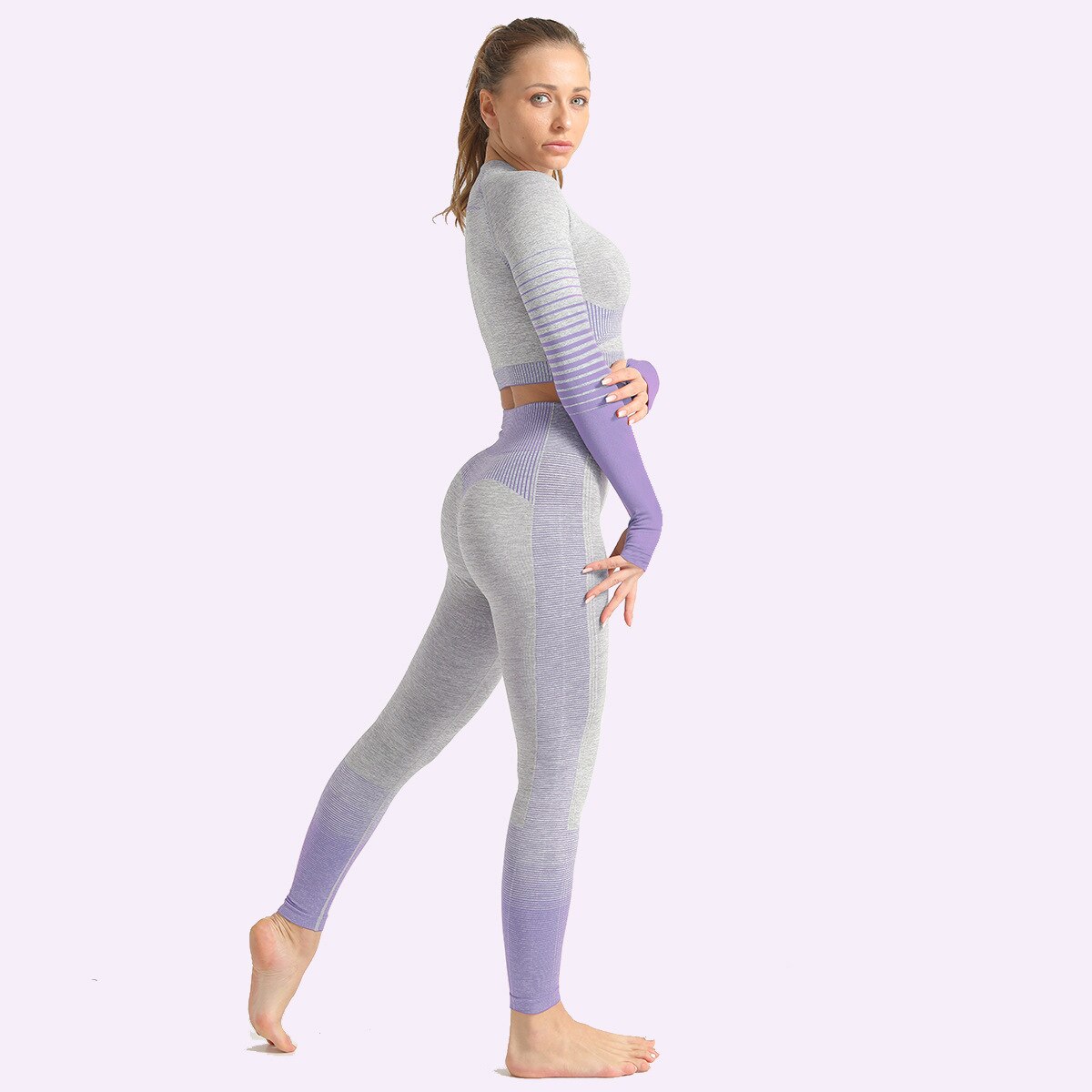 Seamless Women Yoga Set Long Sleeve Top Shirts High Waist Belly Control Sport Leggings Tights Gym Clothes Seamless Sport Suit-10