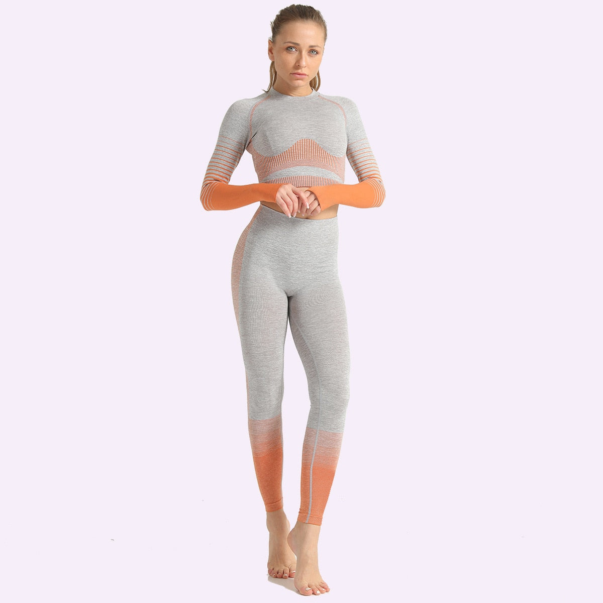 Seamless Women Yoga Set Long Sleeve Top Shirts High Waist Belly Control Sport Leggings Tights Gym Clothes Seamless Sport Suit-4