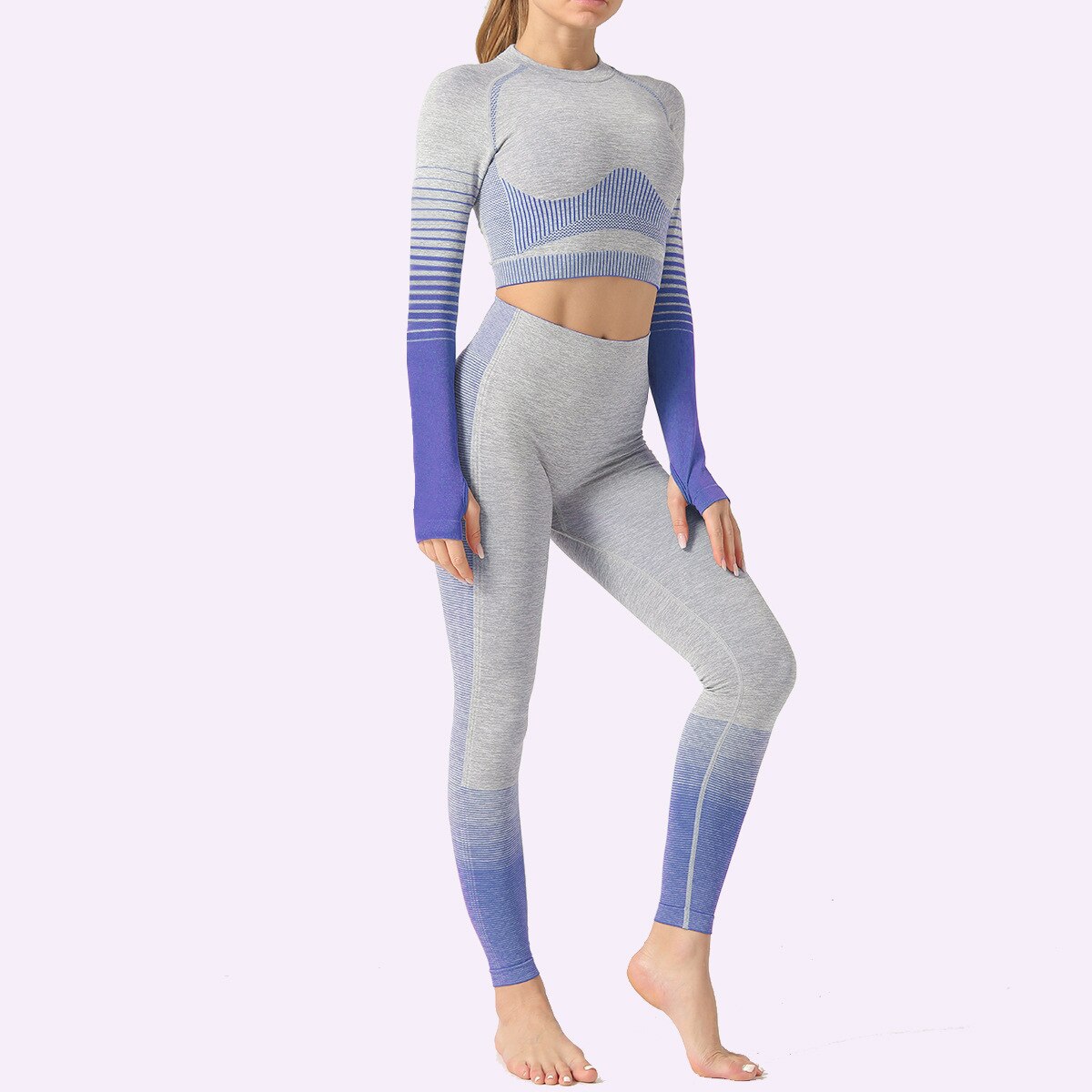 Seamless Women Yoga Set Long Sleeve Top Shirts High Waist Belly Control Sport Leggings Tights Gym Clothes Seamless Sport Suit-11