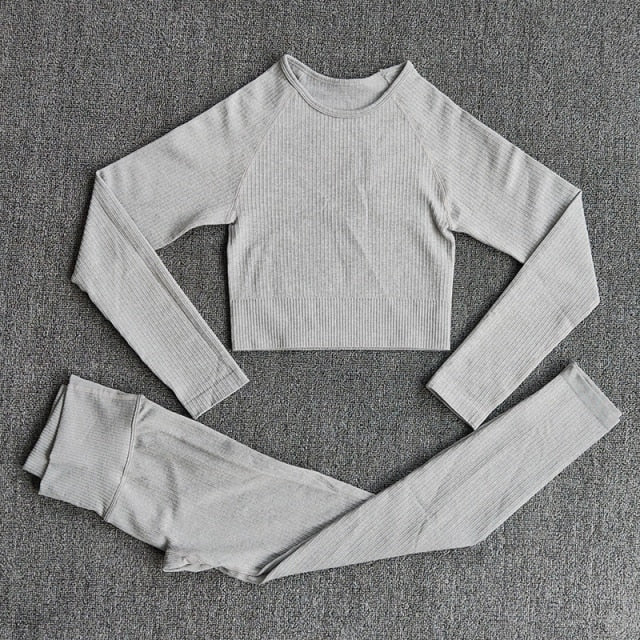 Women&#39;s Sportswear Yoga Sets Ribbed Seamless Long Sleeve Workout Clothes for Women High Waist Sports Legging Long Sleeve Top