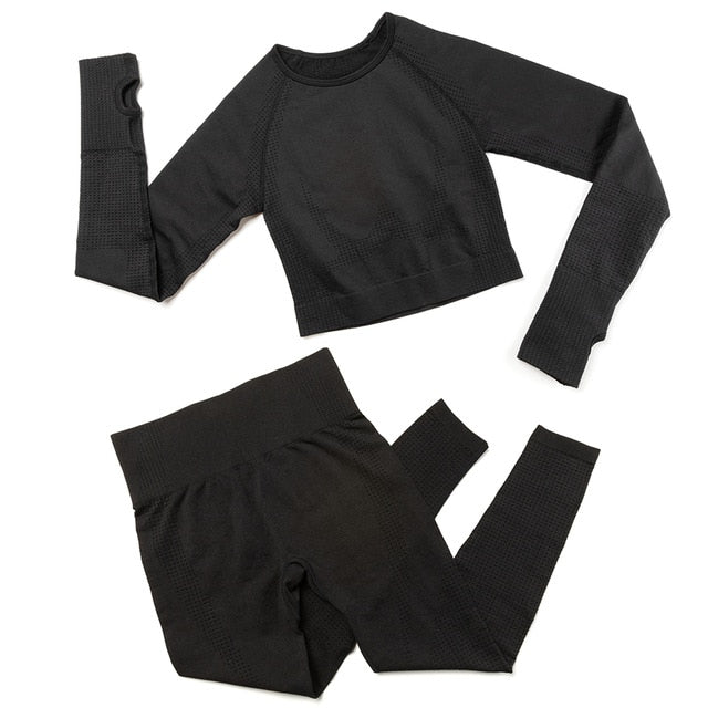 2pcs/set Women Sport Suit Yoga Set Gym Workout Clothes Long Sleeve Shirt Fitness Crop Top + High Waist Energy Seamless Leggings