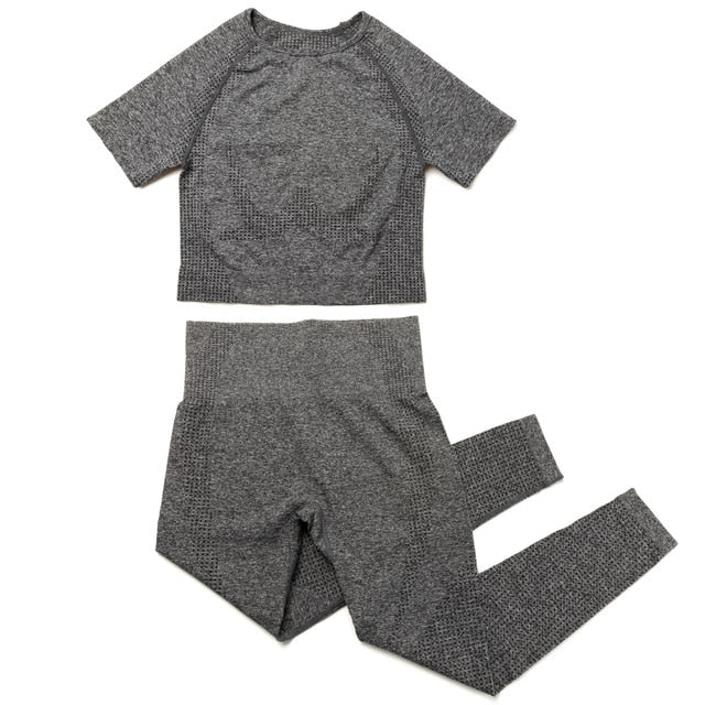 2pcs/set Women Sport Suit Yoga Set Gym Workout Clothes Long Sleeve Shirt Fitness Crop Top + High Waist Energy Seamless Leggings