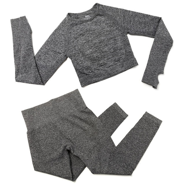 2pcs/set Women Sport Suit Yoga Set Gym Workout Clothes Long Sleeve Shirt Fitness Crop Top + High Waist Energy Seamless Leggings