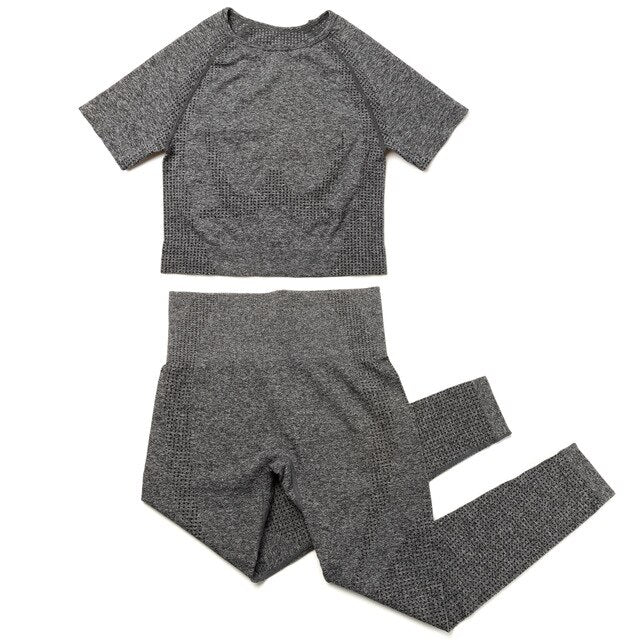Yoga Set Women 2pcs Sport Suit Gymwear Workout Outfits Long Sleeve Fitness Crop Top High Waist Seamless Leggings Sportswear