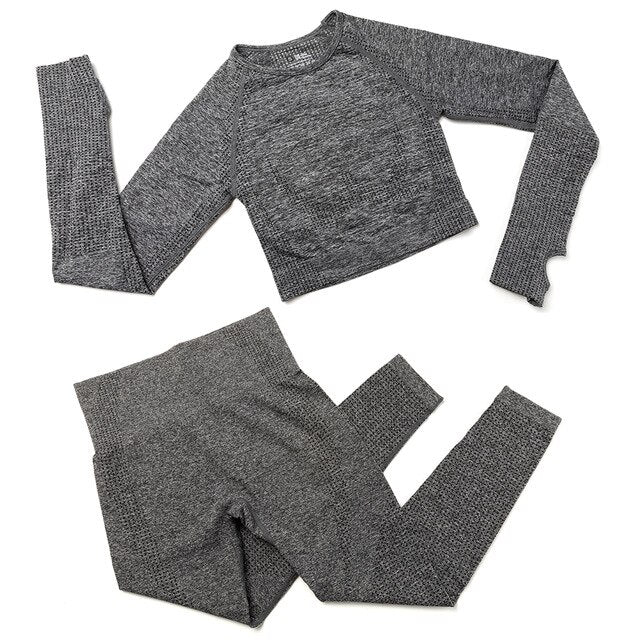 Yoga Set Women 2pcs Sport Suit Gymwear Workout Outfits Long Sleeve Fitness Crop Top High Waist Seamless Leggings Sportswear